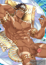 1boy abs bara beard brown_hair censored chest dark-skinned_male dark_skin facial_hair flaccid jewelry kienbiu looking_at_viewer male male_focus male_only manly mosaic_censoring multicolored_hair muscle nipples pectorals penis smile snake solo sparkle tangaroa tokyo_afterschool_summoners tokyo_houkago_summoners upper_body white_hair yellow_eyes