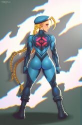 absurdres arms_at_sides artist_name ass beret black_boots blonde_hair blue_bodysuit blue_eyes blue_hat bodysuit boots braid braided_hair braided_twintails cammy_white capcom chromatic_aberration clenched_hands closed_mouth commentary cosplay danderfull dated english_commentary female from_behind hat highres long_hair looking_to_the_side low_twin_braids metroid muscular muscular_female nintendo profile samus_aran samus_aran_(cosplay) skin_tight solo standing street_fighter turning_head twin_braids very_long_hair zero_suit zero_suit_samus