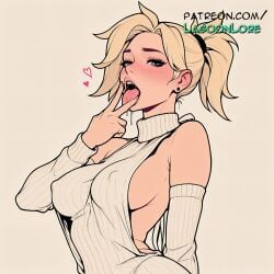 ai_generated artist_name bare_shoulders blonde_hair blue_eyes breasts bust chest covered_nipples cunnilingus_gesture earrings fellatio_gesture female gradient gradient_background heart hi_res highres jewelry lagoonlore looking_at_viewer meme_attire mercy overwatch patreon patreon_username ponytail ribbed_sweater sideboob solo sweater tongue tongue_out turtleneck upper_body virgin_killer_sweater watermark