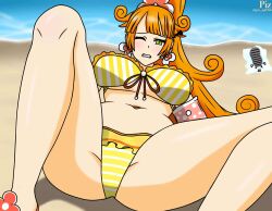 1girls artist_name beach belly belly_button bikini blush breasts bullying defeated earrings female firm_breasts galaxy_gals green_eyes huge_breasts human kai_(battle_cats) knocked_down large_breasts light-skinned_female long_hair looking_at_viewer nyanko_daisensou ocean orange_hair pained_expression pizza_time_(artist) ponytail sandals slime_cat_(the_battle_cats) stomped teenager the_battle_cats thick_thighs thighs water_wings x_eyes