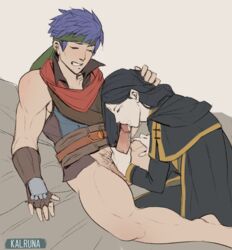 2boys black_hair blowjob blue_hair closed_eyes cum cum_in_mouth fellatio fire_emblem fire_emblem:_path_of_radiance fire_emblem:_radiant_dawn ike_(fire_emblem) kalruna long_hair male_only mostly_clothed muscular_male nintendo pubic_hair short_hair soren_(fire_emblem) yaoi