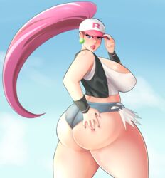 1girls ass big_breasts blue_eyes dat_ass earrings eye_contact female female_only hat hilda_(pokemon)_(cosplay) huge_ass huge_breasts huge_thighs human human_only jessie_(pokemon) large_ass large_breasts long_hair looking_at_viewer minishorts nintendo pokemon pokemon_(anime) pokemon_bw shorts solo thick_ass thick_thighs venus_body voluptuous wide_hips xiceowl