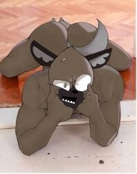 1boy artist_name brown_fur butt gay haida_(aggretsuko) muscular_arms pose sexy_pose smiling_at_viewer