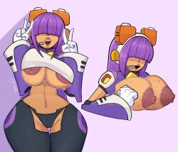 1girls areolae bangs_over_eyes blinding_bangs breast_squeeze capcom chand0ws cleavage dark-skinned_female dark_skin dekkevv female female_focus female_only gloves hair_covering_eyes hair_over_eyes headphones layer mega_man mega_man_x microphone nipples panties purple_hair robot robot_girl robot_humanoid sweat sweatdrop sweaty sweaty_breasts underboob underwear victory_pose
