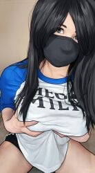 1girls actress ai_generated alexbreecooper black_hair clothing grok mask masked masked_female mega_milk mega_milk_(meme) real_person squeezing_breast