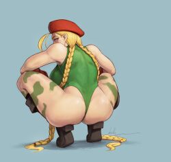 ass ass_squish ass_support beret big_breasts black_boots blonde_hair blue_eyes bodypaint boots braid braided_hair braided_twintails breasts cammy_white capcom commentary devil_hs english_commentary female green_leotard hat highleg highleg_leotard highres large_breasts leg_paint leotard long_hair red_hat relaxing solo squatting street_fighter thin_eyebrows thong_leotard toned toned_female twin_braids very_long_hair