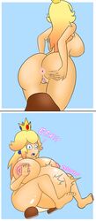 1girls 1other 2koma accidental_vore ambiguous_gender anal anal_vore anus ass belly_bulge belly_inflation big_ass big_nipples blonde_hair blue_background blue_eyes breasts comic crown female female_focus female_on_top games goomba grabbing_own_ass huge_breasts inflation living_butt_plug long_hair male mario_(series) mr.casino nintendo nipples nude princess_peach pussy simple_background standing vore white_border