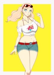 ann_takamaki big_ass big_breasts bikini blonde_hair blue_eyes booty_shorts breasts cleavage eyewear_on_head fat_ass large_breasts nahone_peko persona persona_5 sunglasses sunglasses_on_head swimsuit teenager thick_thighs thin_waist tongue twintails wide_hips