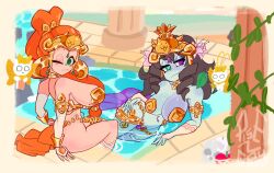 2girls belly belly_button bikini blush breasts child_bearing_hips corpse cosplay crown dancer dancer_outfit female female_only firm_breasts galaxy_gals gloves graveflower_verbena green_eyes hand_on_hip headphones heterochromia huge_breasts human kai_(battle_cats) large_breasts light-skinned_female long_hair mole mole_on_breast multiple_girls nyanko_daisensou oerba_yun_fang on_side orange_hair pixie ponytail pool poolside purple_eyes r1sebox rottytops_(cosplay) seductive shantae shantae_(cosplay) smile stitches teenager the_battle_cats thick_thighs thighs torpedo_breasts undead wide_hips wink zombie