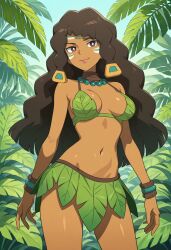 agate_(pokemon) ai_generated anthro ass beads breasts chalce_(pokemon) closed_mouth colorful_plants dark-skinned_female dark_skin dynamic_pose ebony ebony_female exotic_ female fronds green_tribal_clothing jungle jungle_girl jungle_in_background leaf_bra leaf_skirt looking_at_viewer medium_breasts outdoors palm_tree please_somebody_draw_this_women pokemon pokemon_(anime) pokemon_horizons trees tropical_climate vines warpaint wild_jungle_girl