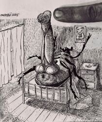 anus arthropod ass balls bed bed_sheet bedding bedroom big_anus big_balls big_penis black_and_white black_eyes blattodean cockroach english_text erection eyewear feral foreskin furniture genitals gigaboy glasses graphite_(artwork) gregor_samsa greyscale hatching_(art) hi_res huge_anus huge_balls huge_cock humanoid_genitalia humanoid_penis hyper hyper_anus hyper_balls hyper_genitalia hyper_penis insects male monochrome multi_limb novel nude painting_(object) penis photography_(artwork) puffy_anus scared shaded solo surprised text the_metamorphosis traditional_media_(artwork) vein waking_up what