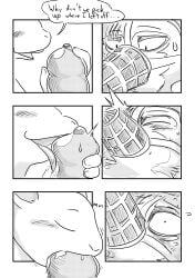 absurd_res anthro beastars blush bodily_fluids bondage buckteeth canid canine canis comic condom dragonweirdo duo fellatio female genitals haru_(beastars) hi_res lagomorph legoshi_(beastars) leporid licking male male/female mammal monochrome muzzle_(object) muzzled oral oral_penetration penetration penile penis penis_in_mouth penis_lick rabbit scar sex sexual_barrier_device sweat teeth tongue wolf