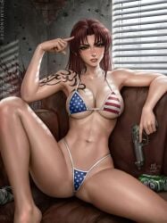 2025 abs american_flag_bikini arm_tattoo armpits artist_name bare_arms bare_legs bare_shoulders barefoot bikini black_lagoon blood blood_splatter breasts brown_eyes brown_hair can cg cleavage collarbone couch dated female gun handgun holding holding_gun holding_weapon indoors large_breasts lips long_hair looking_at_viewer navel on_couch parted_lips ponytail revy sciamano240 shoulder_tattoo signature sitting solo spread_legs stomach swimsuit tattoo thighs toned weapon window window_blinds