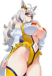 ai_generated animal_ears biwa_hayahide_(umamusume) breasts cosplay curled_hair diol_twee_(otomedius)_(cosplay) female groin horse_girl long_hair navel umamusume umamusume_pretty_derby under_view upperboob white_hair yellow_eyes