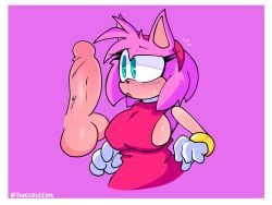 4:3 accessory ambiguous_species amy_rose anthro balls big_balls big_breasts big_penis blush bodily_fluids border bracelet breasts clothing dress duo erection eulipotyphlan female genitals gloves green_eyes hair_accessory hairband handwear hedgehog hi_res jewelry male male/female mammal penis pink_body sega side_boob sonic_(series) sonic_the_hedgehog_(series) sweat tan_body tan_skin tweedleevil white_border
