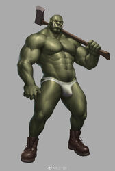 1boy 5_fingers 6suan abs areola axe biceps big_muscles body_hair boots brown_eyes bulge clothing eyebrows fingers footwear genital_outline green_areola green_body green_nipples green_skin hi_res humanoid_pointy_ears jockstrap looking_at_viewer male male_only melee_weapon muscular muscular_male navel nipples orc orc_male partially_clothed pecs penis_outline pubes quads serratus simple_background solo standing topless triceps tusks underwear v-cut weapon white_underwear