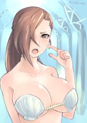 bikini blade_ride blush breasts brown_hair curvaceous female fire_emblem fire_emblem_fates fire_emblem_heroes hair_over_one_eye high_resolution huge_breasts kagero_(fire_emblem) large_breast long_hair nintendo seashell shell shell_bikini sweatdrop swimsuit