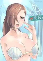 bikini blade_ride blush breasts brown_hair curvaceous female fire_emblem fire_emblem_fates fire_emblem_heroes hair_over_one_eye high_resolution huge_breasts kagero_(fire_emblem) large_breast long_hair nintendo seashell shell shell_bikini swimsuit translation_request