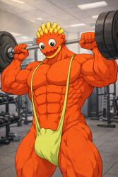 ai_generated background bara buff digital_media_(artwork) drummidary green_mankini gym lifting lifting_weights lime_mankini looking_down male male_only mankini my_singing_buff_or_bara_monsters my_singing_monsters my_singing_monsters:_dawn_of_fire open_mouth sexy solo solo_male