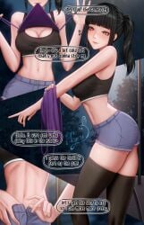 1girls big_breasts black_hair front_view long_hair looking_at_viewer luna_(myeu) multiple_views myeu navel necklace original outdoors page_2 public purple_eyes side_view standing thick thick_thighs thighhighs thighs undressing