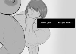 1boy 1girls anthro areola big_breasts breasts deltarune dreamy_pride duo female hi_res huge_breasts human kris_(deltarune) male male/female mammal monochrome muscular muscular_female muscular_male nipples nude reptile scalie susie_(deltarune) text thinking undertale_(series)
