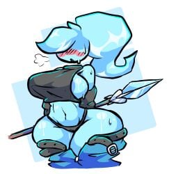 big_ass big_breasts black_tank_top blue_skin blush earclacks female moyopoto3 panties pants_pulled_down ponytail sideboob spear spear_(weapon_ball_battles) sweat underwear weapon_ball_battles wet_pussy wide_hips
