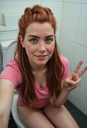 1girls ai_generated aloy aloy_(horizon) bathroom cleavage horizon_forbidden_west horizon_zero_dawn orange_hair peace_sign pink_shirt realistic red_body shirt sitting sitting_on_toilet toilet