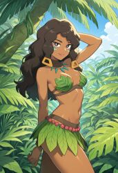 1girls agate_(pokemon) ai_generated anthro ass beads breasts chalce_(pokemon) closed_mouth colorful_plants dark-skinned_female dark_skin dynamic_pose ebony ebony_female exotic_ female fronds green_tribal_clothing jungle jungle_girl jungle_in_background leaf_bra leaf_skirt looking_at_viewer medium_breasts outdoors palm_tree please_somebody_draw_this_women pokemon pokemon_(anime) pokemon_horizons trees tropical_climate vines warpaint wild_jungle_girl