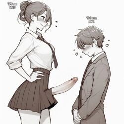 ai_generated arms_on_waist big_penis blush bulge bulge_through_clothing bulge_under_clothes clothed clothing futa_on_male futadom futanari height_comparison height_difference huge_cock larger_female larger_futa monochrome penis size_comparison size_difference skirt skirt_lift smaller_male spalela
