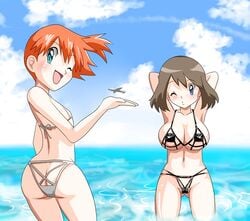 2girls ass beach big_breasts bikini blue_eyes brown_hair dat_ass female female_only green_eyes kasumi_(pokemon) large_breasts may_(pokemon) multiple_girls nintendo orange_hair pokemon pussy quinst sea vagina