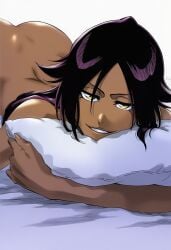 accurate_art_style ai_generated ass ass_up bed bleach dark-skinned_female dark_skin female female_focus female_only fuck_me_eyes hugging_pillow laying_on_stomach looking_at_viewer purple_hair sheets shihouin_yoruichi smiling_at_viewer unknown_artist yellow_eyes