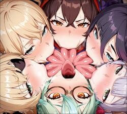 6girls ai_generated amber_(genshin_impact) animated animated_gif fischl_(genshin_impact) genshin_impact group_kissing jean_(genshin_impact) jean_gunnhildr mona_(genshin_impact) noelle_(genshin_impact) saliva sucrose_(genshin_impact) sweat tongue_kiss yuri