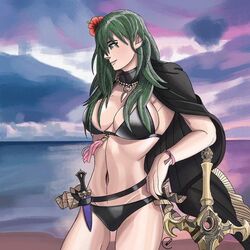 1girls beach bikini black_bikini black_swimsuit byleth_(fire_emblem) byleth_(fire_emblem)_(female) byleth_(summer)_(fire_emblem)_(female) dagger female fire_emblem fire_emblem:_three_houses fire_emblem_heroes green_eyes green_hair knife large_breasts midriff nintendo sea seaside solo swimsuit sword sword_of_the_creator thighs water