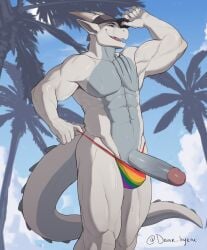 absurd_res anthro big_penis bodily_fluids bulge clothing clothing_pull cloud cloudy_sky dragon drank_hyena erection facial_tattoo genitals grey_body hat headgear headwear hi_res holding_clothing holding_hat holding_headgear holding_headwear holding_object male mavrick_rosenstock mythological_creature mythological_scalie mythology open_mouth open_smile outside palm_tree penis plant scalie sky smile solo standing sunny sweat sweatdrop sweaty_body sweaty_legs sweaty_thighs tattoo thick_penis thong thong_pull tree underwear underwear_pull white_body