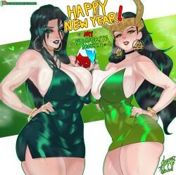 2girls black_eyeliner blush breasts breasts_focus breasts_to_breasts champagne champagne_glass cleavage cleavage_overflow dark_green_hair dress english english_text eyeshadow female female_only good_boy green_eyeshadow green_lipstick green_makeup hand_on_hip happy_new_year happy_new_year_2026 headdress heart-shaped_pupils hela hela_(marvel_rivals) hi_res highres hoop_earrings hoop_earrings_oversized huge_breasts lady_loki lady_loki_(marvel_rivals) lipstick long_hair looking_at_viewer makeup marvel marvel_comics marvel_rivals mole_on_breast overflowing_breasts red_lipstick rule_63 shinda292 short_dress sweat sweaty tagme text thick_thighs wine wine_glass