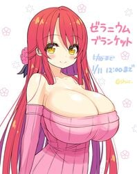 big_breasts blush blushing cute huge_breasts long_hair red_hair shuz_(dodidu) smile smiling sweater thin_waist white_background yellow_eyes