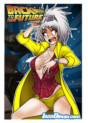 1girls artist_name back_to_the_future black_eyes blue_background breasts car cleavage clock clothing coat curvy delorean emmett_brown english_text eyebrows_visible_through_hair eyelashes female female_only fully_clothed highres jago_dibuja logo looking_down mature_female medium_breasts medium_hair nervous open_mouth panties red_shirt rule_63 sexually_suggestive shirt solo standing sunglasses sunglasses_on_head surprised teeth text thick_thighs tie tongue transparent_clothing underwear white_border white_hair white_outline wide_hips worried wristwatch yellow_coat yellow_panties yellow_underwear