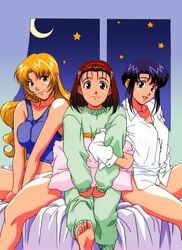 3girls 90s :d bare_arms bare_shoulders barefoot bed bed_sheet blonde_hair blue_eyes blue_hair breast_squeeze breasts brown_eyes brown_hair cleavage clothing crescent_moon feet female female_only green_eyes hairband haruka_(viper) highres indoors large_breasts long_hair looking_at_viewer matching_hair/eyes medium_breasts moon multiple_girls nami_(viper) official_art open_mouth pajamas panties pantyshot pantyshot_(sitting) pillow pillow_grab red_hairband shirt short_hair sitting small_breasts smile sogna soles star takako_(viper) tank_top thick_thighs thighs toes tongue underwear v_arms viper_(series) viper_v16 white_panties window yanagisawa_masahide