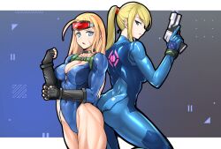 2girls aegis_(theoryiv) ass back-to-back big_breasts black_gloves blonde_hair blue_bodysuit blue_eyes bodysuit breasts cammy_white capcom cleavage collarbone commentary_request commission cowboy_shot crossover elbow_gloves english_commentary eyewear_on_head fingerless_gloves gloves goggles goggles_on_head gun hair_up high_ponytail highleg highleg_leotard highres holding holding_gun holding_weapon large_breasts leotard long_hair looking_at_another looking_at_viewer metroid mixed-language_commentary multiple_girls muscular muscular_female nintendo pixiv_commission ponytail samus_aran scar scar_on_cheek scar_on_face sleeved_leotard street_fighter street_fighter_v thighs weapon wristband zero_suit zero_suit_samus