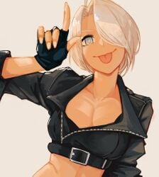 1girls angel_(kof) big_breasts blue_eyes gloves king_of_fighters leather light-skinned_female light_skin looking_at_viewer pale-skinned_female pale_skin short_hair smiley_face smiling toastitos tongue tongue_out toshio white_hair