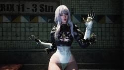 16:9 1girls 3d animated ass ass_focus bent_over big_ass cosplay eve_(stellar_blade) female female_focus female_only gloves large_ass light-skinned_female nier nier:_automata nier_(series) screen screencap solo stellar_blade tagme thong_leotard video yorha_2b_(cosplay)