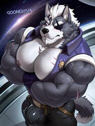 ai_generated ai_art self_upload watermark goonerism patreon muscular muscular_male gay bara yaoi big_muscles 1boy solo nintendo star_fox white_hair two-tone_hair biceps pecs abs chest_tuft nipples zipper unzipped bulge space spaceship_interior gloves huge_muscles bara_tits bara_tiddies huge_pecs dilf daddy mature_male beard facial_hair scar furry fur anthro looking_at_viewer belt wolf_o'donnell wolf canid canine inner_ear_fluff eyepatch purple_eyes blush sleeveless veiny_biceps twitching_bulge crossed_arms arms_crossed tail grey_body grey_fur