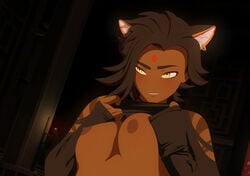 1girls amber_eyes animal_ears bindi black_hair breasts brown_stripes brunette cat_ears cat_eyes catgirl dark-skinned_female dark_skin ear_fluff earrings female female_only flashing naughty_face necromalock nipples partially_clothed presenting_breasts pressing_breasts_together rwby short_hair sienna_khan slim slit_eyes smirk solo solo_female solo_focus stripes tank_top teasing tiger_girl tiger_stripes yellow_eyes