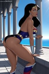 1girl ai_generated ass bare_shoulders black_hair blue_eyes breasts dark_skin dcau diana_prince earrings hi_res high_quality high_resolution jewelry lips long_hair patreon railing seductive sexy solo spicytoonai star_print strapless thighs uncensored watermark wonder_woman wonder_woman_(series)