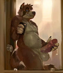 absurd_res anthro balls big_balls bodily_fluids foreskin foreskin_pull furry furry_only genital_fluids genitals hi_res killioma ludd male male_only mammal penis phone precum precum_string procyonid raccoon selfie slightly_chubby smug_grin solo uncut