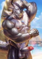 2020 abs anthro balls beach biceps blue_eyes bodily_fluids body_hair chest_hair claws clock dragon dripping dripping_wet erection fangs genital_fluids genitals grey_body hair happy_trail hi_res horn jewelry lifeguard looking_at_viewer male male_only mane mane_hair muscular muscular_anthro muscular_male necklace nipples nude nviek5 open_mouth outside pecs penis portrait precum precum_drip pubes quads sand scales scalie seaside sharp_teeth skinny_dipping solo spikes standing surfboard teeth three-quarter_portrait triceps vehicle watch water watercraft wet white_hair