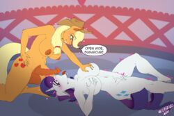 1futa 1girls 3:2 animal_genitalia animal_penis anthro anthro_on_anthro anthrofied applejack_(mlp) blush breast_grab breasts cutie_mark dialogue duo equid equine equine_penis erection female fingering friendship_is_magic furry futa_on_female futanari genitals hand_on_breast hand_on_hip hasbro hat headgear headwear heart heart-shaped_pupils highres holding_breast horn horsecock intersex kneeling large_breasts lying mammal mask masturbation my_little_pony nipples nude on_back open_mouth penis rarijack rarity_(mlp) straight_hair symbol-shaped_pupils testicles tongue tongue_out unicorn vaginal_masturbation vaginal_penetration wolfmask