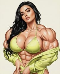 abdominals abigail_ratchford ai_assisted ai_generated belly_button biceps big_biceps big_breasts big_muscles bikini brown_hair dark_brown_hair dark_hair deltoids head_tilt huge_biceps huge_boobs huge_breasts huge_muscles instagram_model jacket large_biceps large_boobs large_breasts large_muscles large_tits long_hair looking_at_viewer navel open_mouth seductive seductive_eyes seductive_look sexy sexy_pose trapezius traps wavy_hair white_background yellow_bikini yellow_jacket yellow_jacket_(clothing)