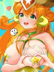 1girls artist_request blush boob_heart breast_squish breasts breasts_bigger_than_head cat_(battle_cats) choker collar collarbone erect_nipples feline female firm_breasts flesh_fang galaxy_gals green_eyes hat headphones heart heart_hands huge_breasts human jumping kai_(battle_cats) large_breasts light-skinned_female long_hair nipple_bulge nipples nyanko_daisensou orange_hair pasties peeling pokies teenager the_battle_cats