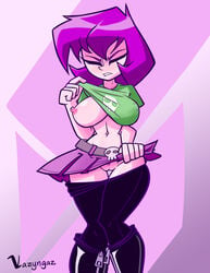 1girls aged_up angry belt bottomless breasts closed_eyes clothing crossed_legs female female_focus female_only footwear gaz_membrane human invader_zim legwear nickelodeon nipples one_breast_out pale_skin pants_pull pubic_hair purple_hair pussy shirt_lift skirt_lift thicc_gaz vazyngaz wide_hips